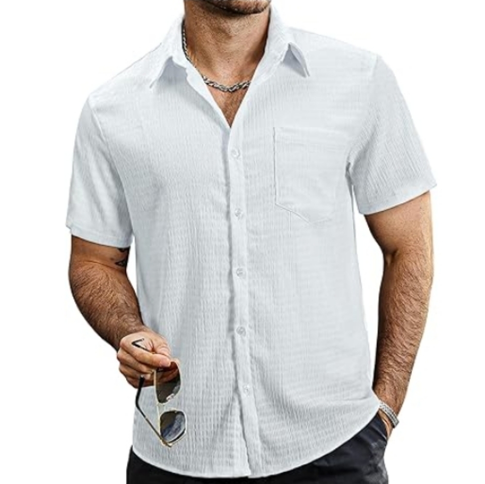 Mens Summer Striped Button Down Short Sleeve Hawaiian Shirt White